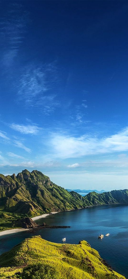 island, beach, ships, sea, water, mountain