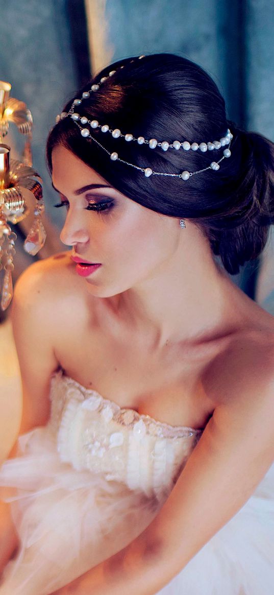 bride, girl, wedding dress, chandelier