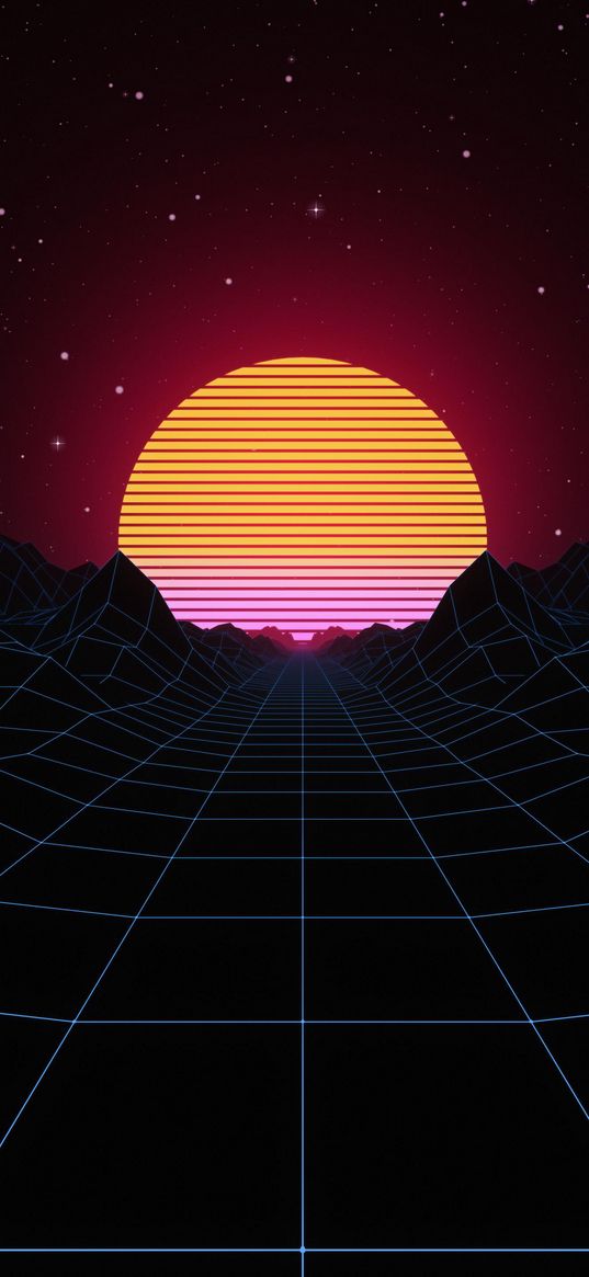 sun, sunset, mountains, textures, cage, stars, graphics, art