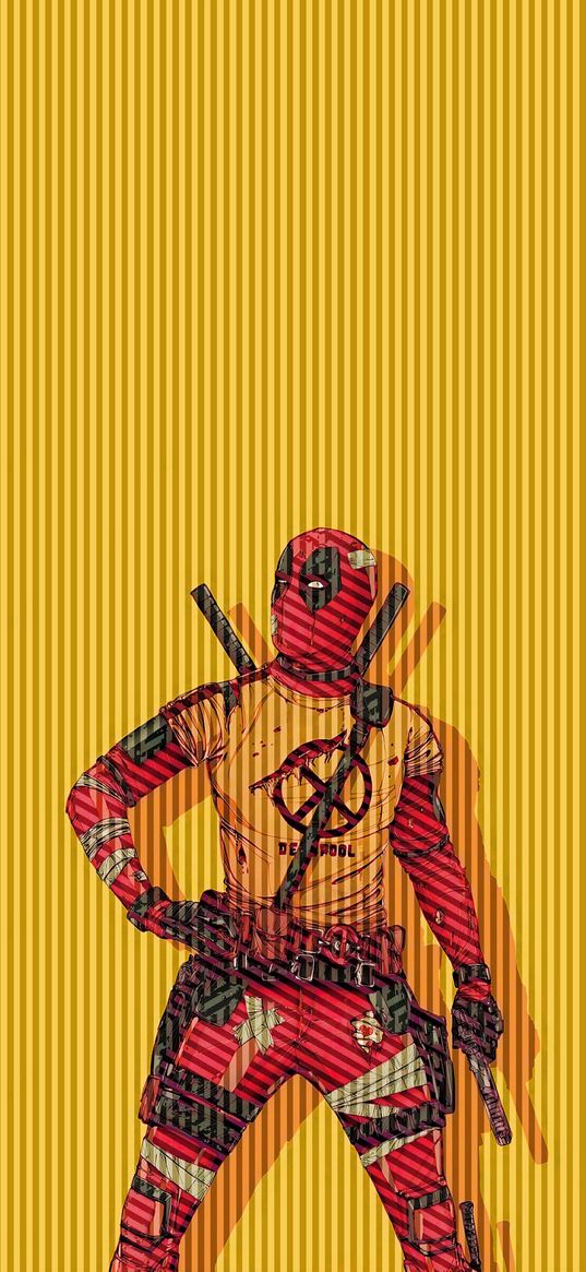 deadpool, superhero, marvel, gun, stripes, yellow background