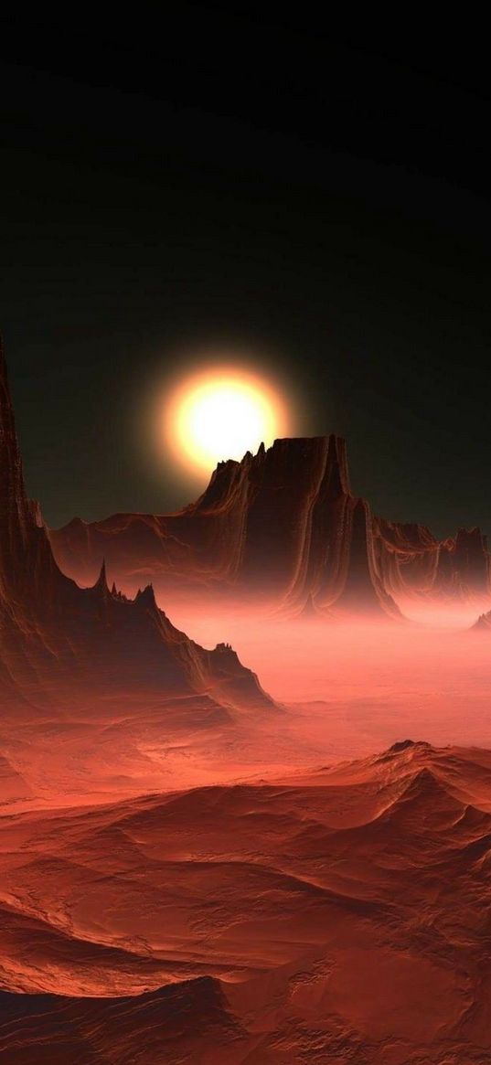 mars, canyon, desert, mountains, sun, orange, art