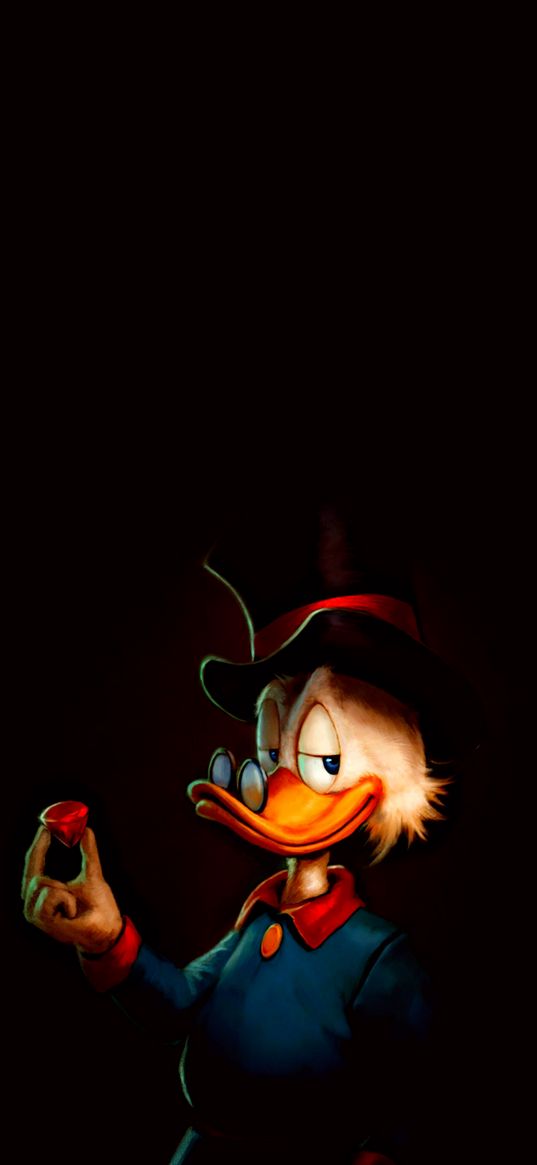 scrooge mcduck, duck, disney, cartoon, ruby, black background