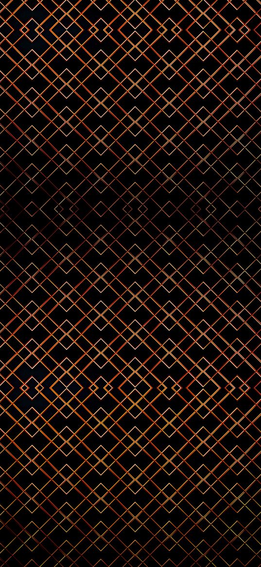 squares, cage, gold, black background, texture, abstraction