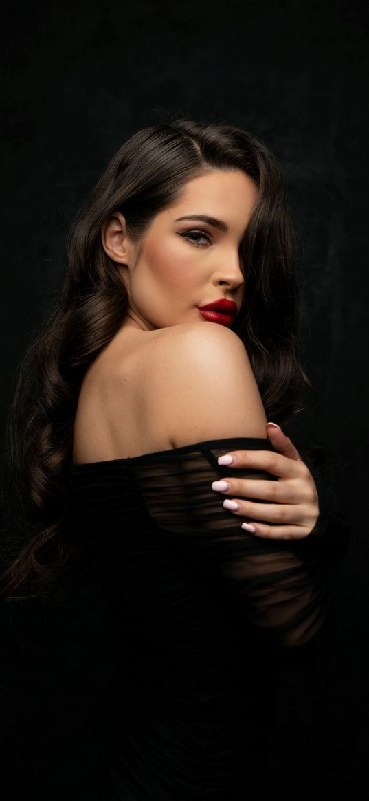 girl, brunette, red lipstick, portrait