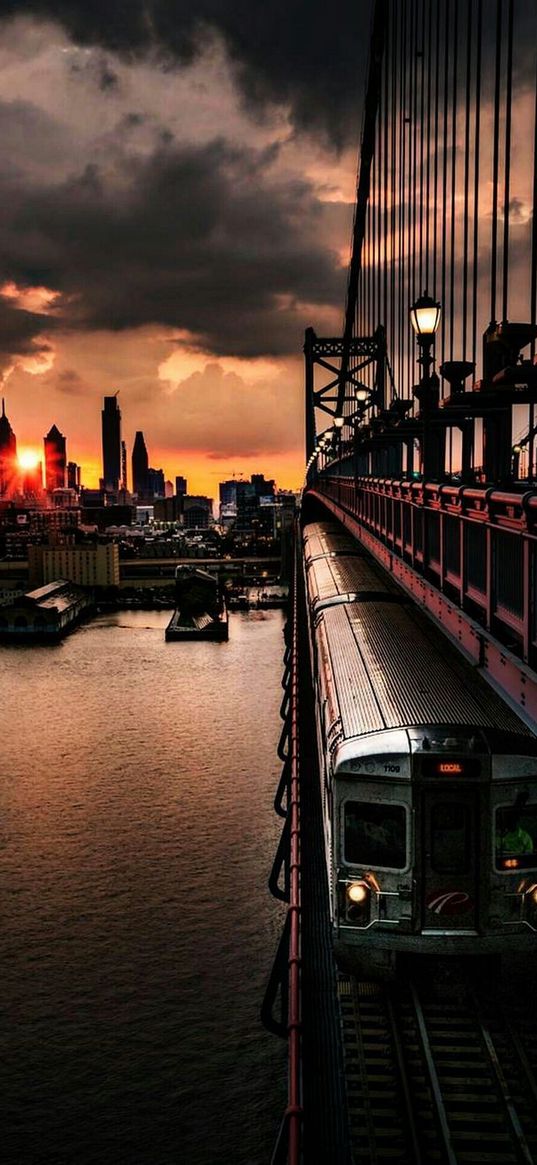 city, train, subway, bridge, evening, sunset