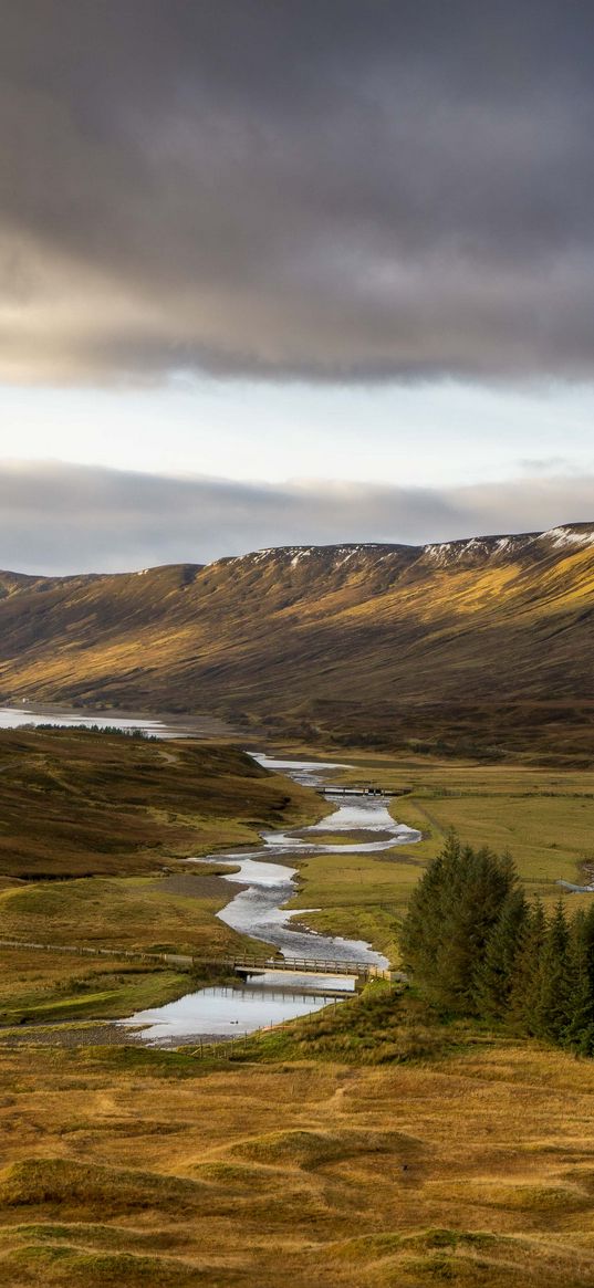 mountains, hills, stream, valley, trees, landscape