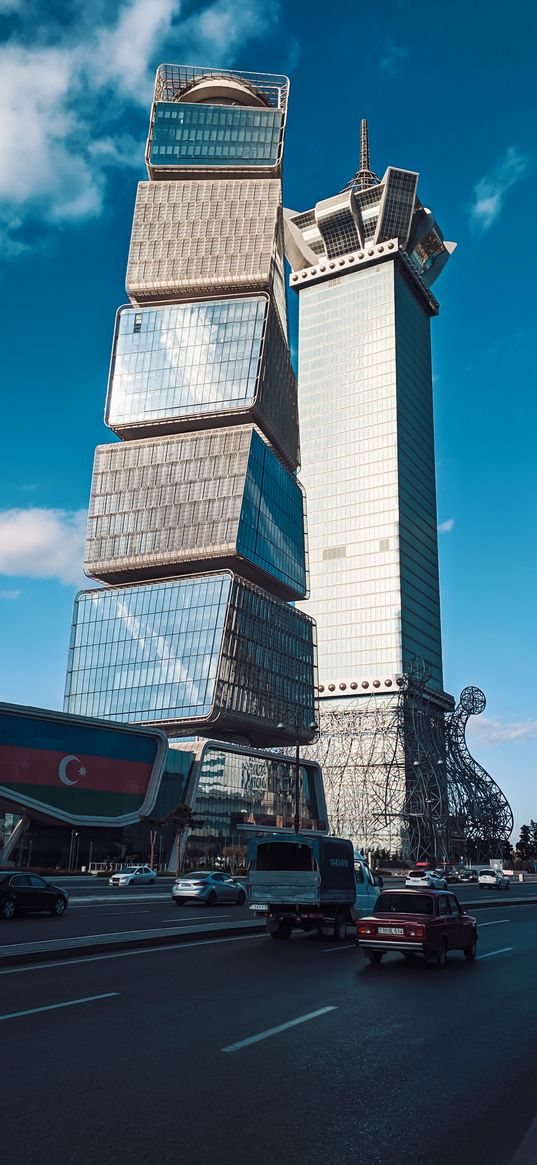 baku, azerbaijan, capital, city, skyscraper, building, afternoon, sky, blue