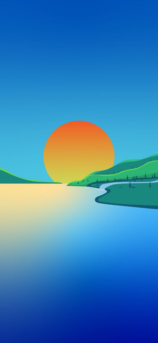 river, sun, shore, trees, vector