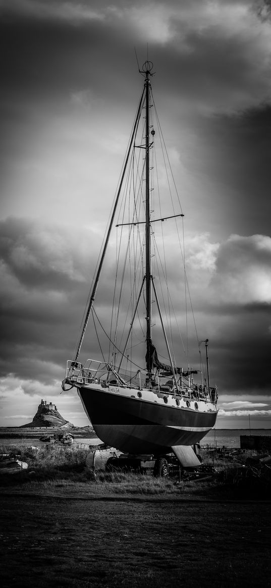 yacht, clouds, black and white