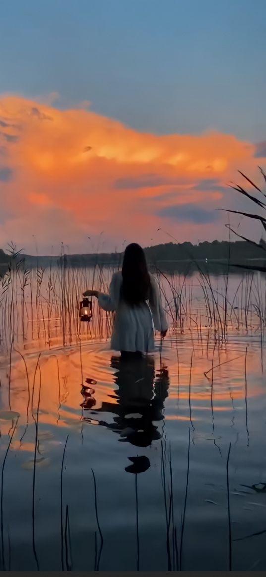 girl, friend, photo, lantern, lake