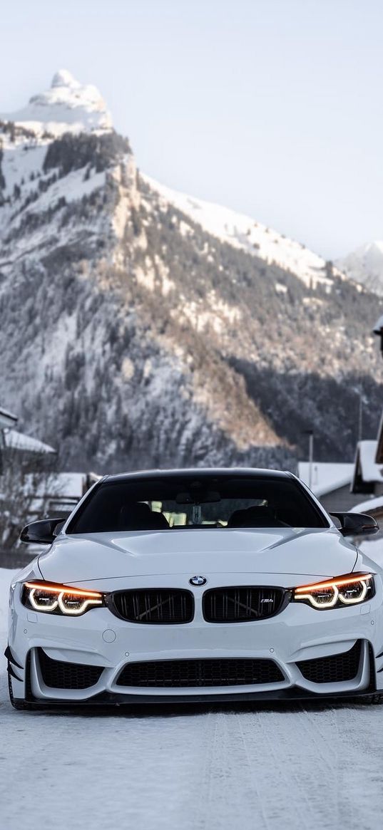 bmw, car, white, nature, snow, mountains