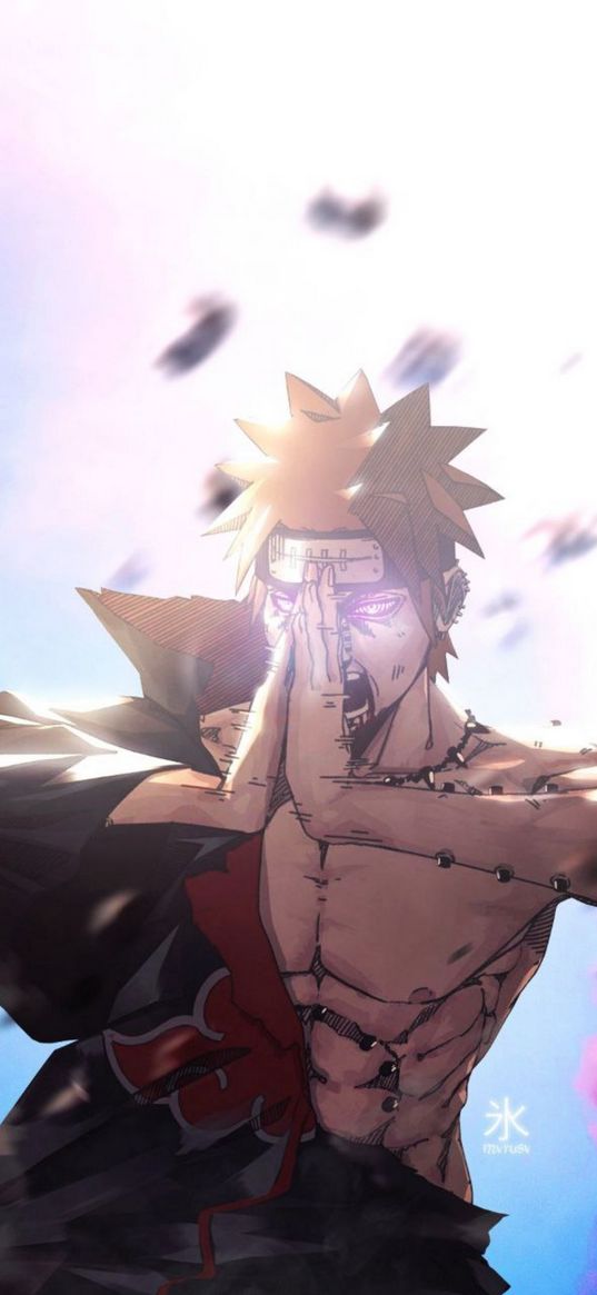 naruto, pain, nagato, chibaku tensei, wind, sky, anime, art