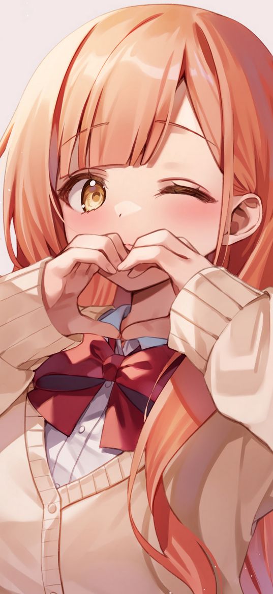 girl, blush, gesture, heart, love, anime