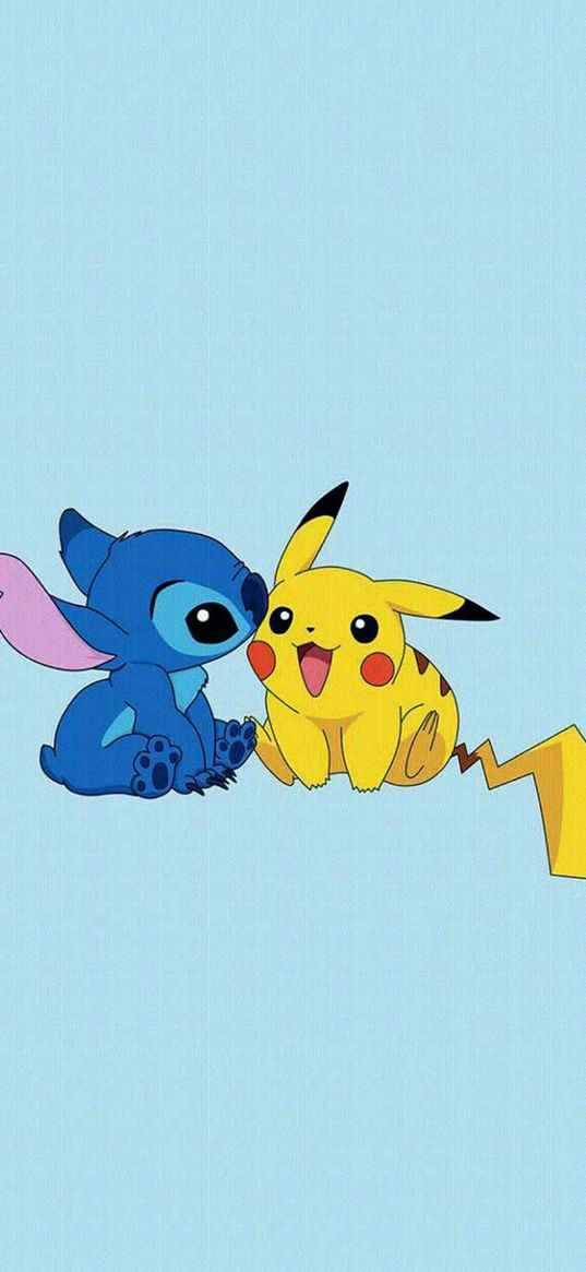 stitch, pikachu, cartoon, kiss, cute, blue background, art