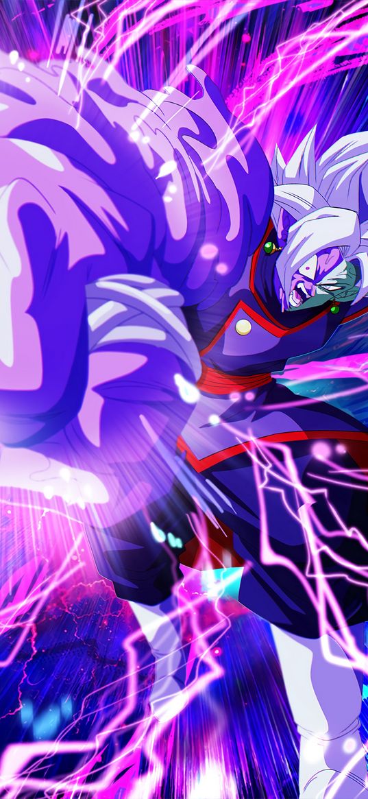 zamasu, dragon ball, anime, fighter, blow, evil, lightning, magic, purple, art