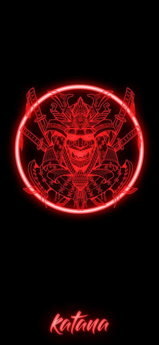 samurai, neon, katana, circle, red, black background