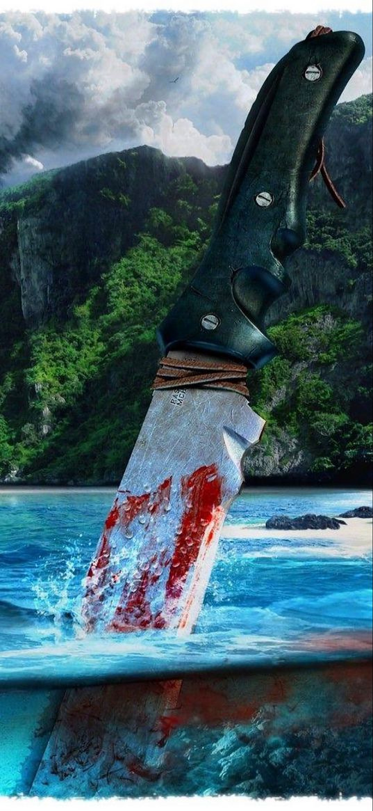 far cry, knife, sea, mountains, jungle, clouds, poster, art