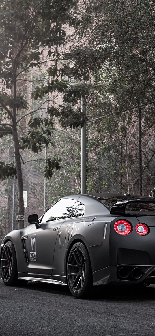 nissan, gt-r, car, matte, rear view, nature, trees