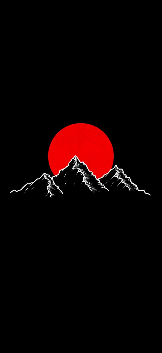 mountains, sun, art, red, black