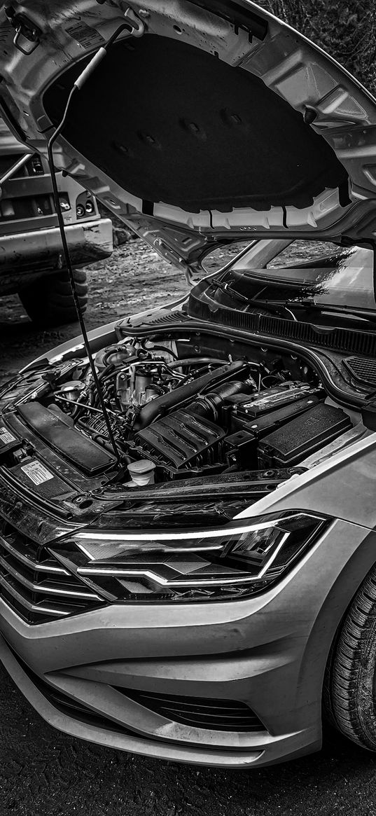 car, engine, hood, black and white