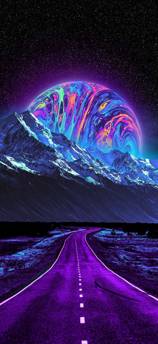 road, mountains, planet, stars