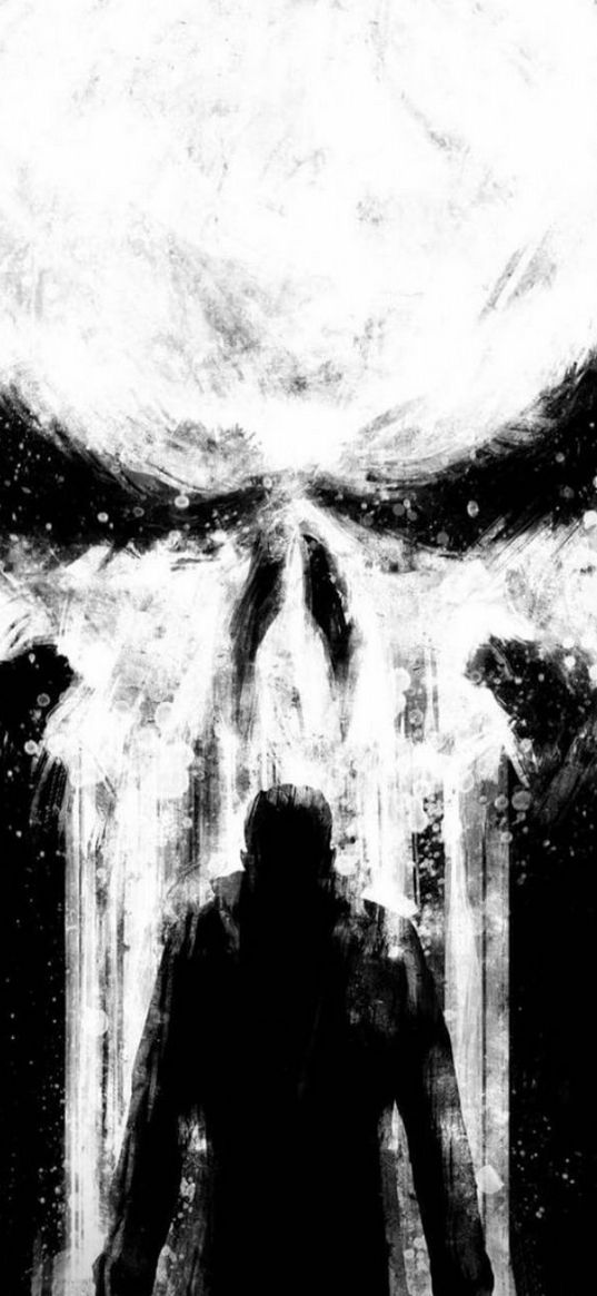 punisher, skull, silhouette, black, white, art