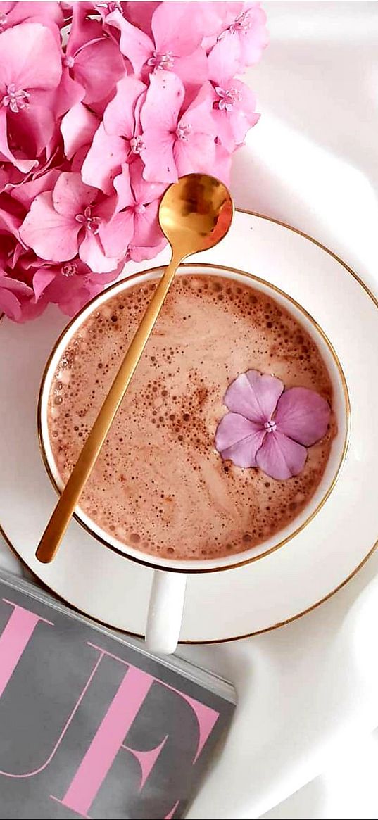 spring, flowers, drink, hydrangea, pink