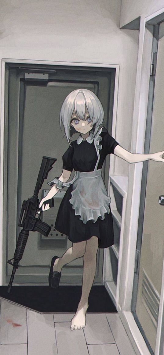 girl, anime, weapon, apartment, art