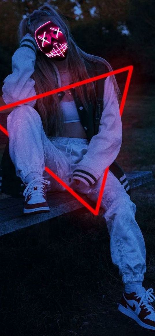 girl, sport style, mask, neon, triangle