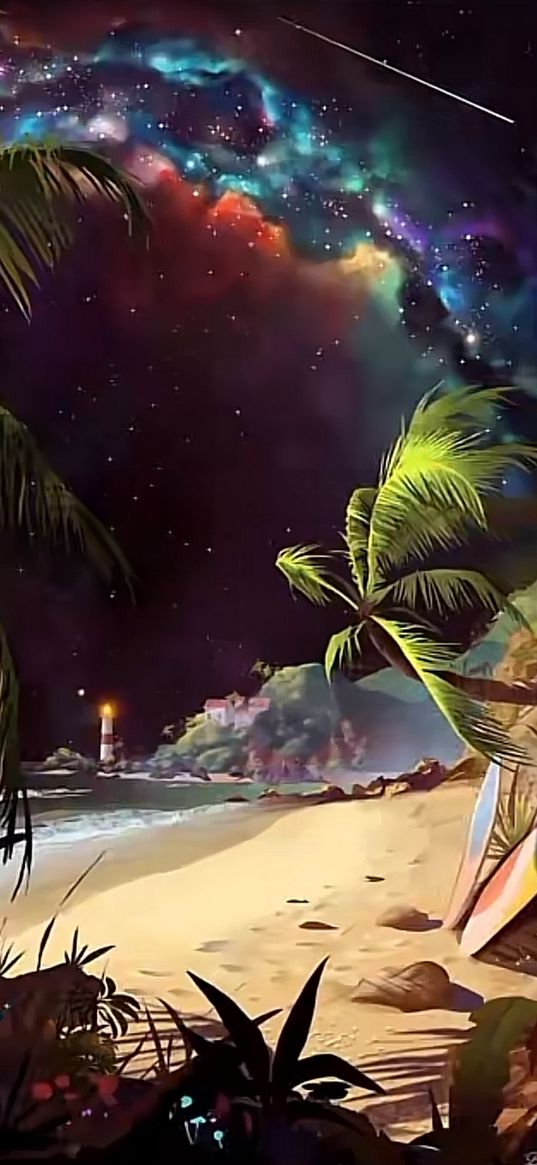 space, beach, palm trees, shooting star