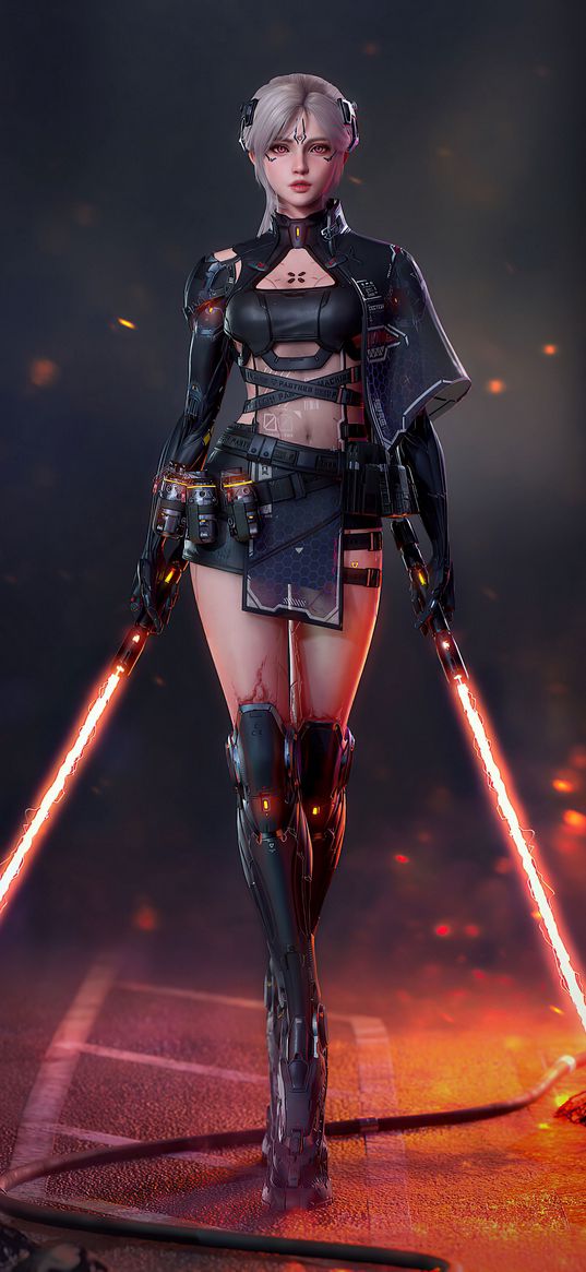 girl, cyberpunk, digital art, artwork, with two lightsaber