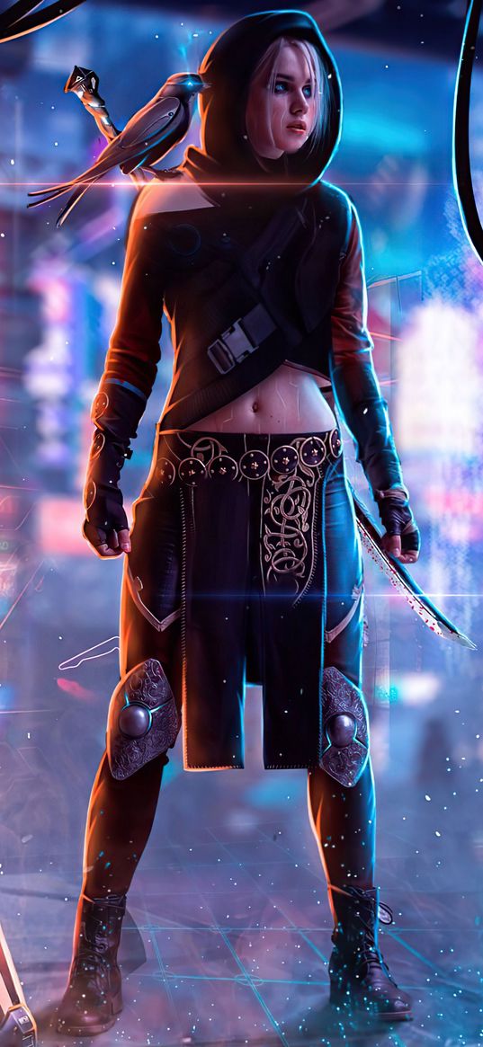 cyberpunk, girl, artwork, digital art, illustration, sword, warrior