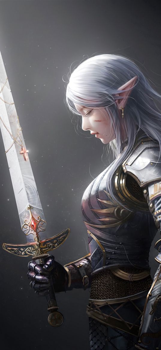 girl, elf, knight, sword, fantasy, art