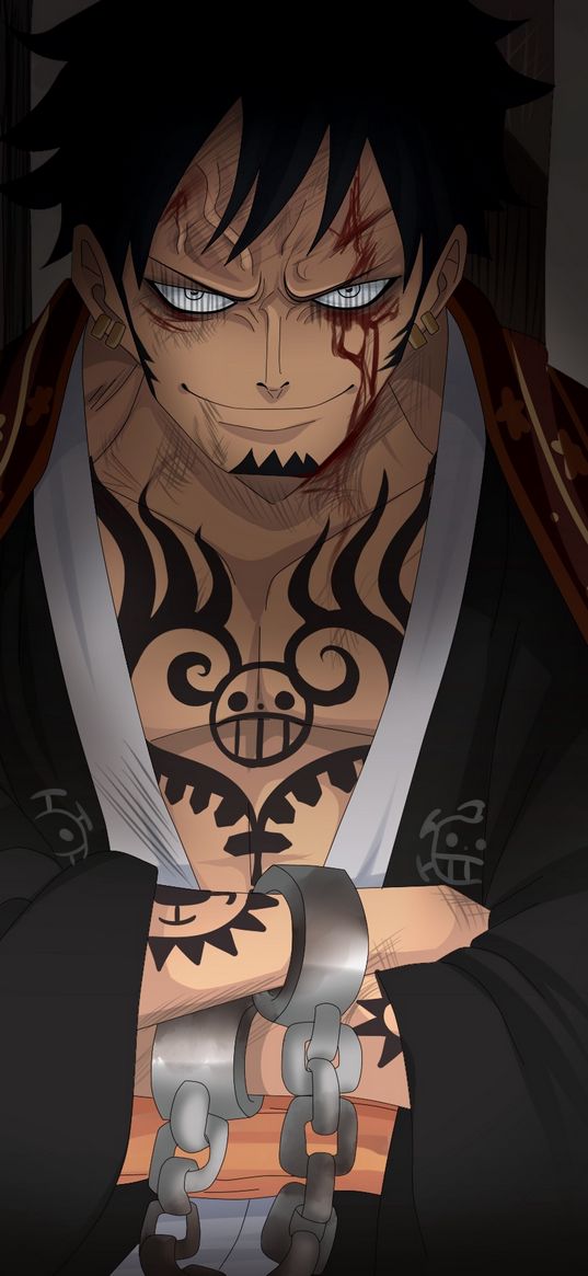 trafalgar low, one piece, anime, character, tattoo, chains