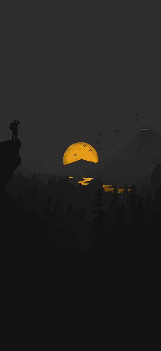 night, moon, forest, trees, mountain, rock, man, art