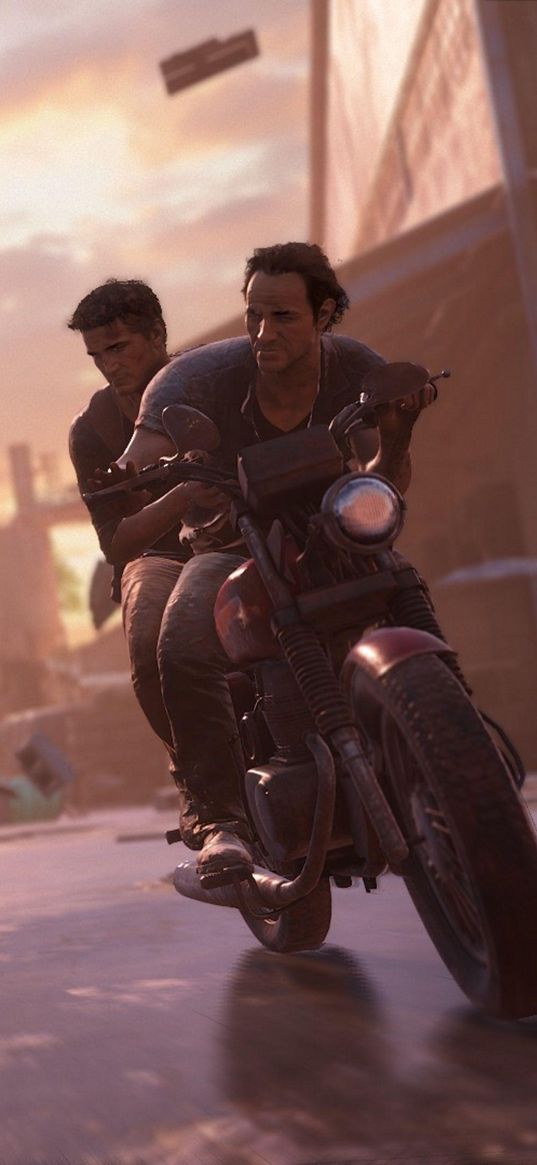 uncharted, game, characters, motorcycle, wallpaper