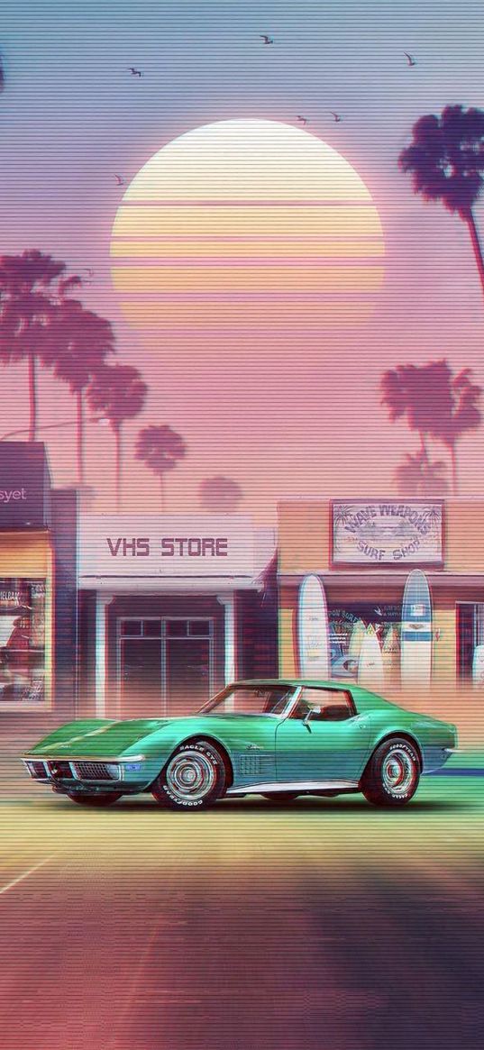 retro, car, neon, retrowave, art