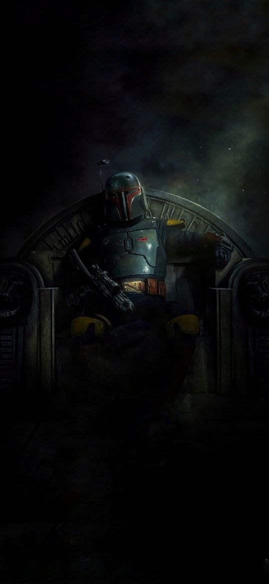 boba fett, mandalorian, star wars, knight, helmet, throne, weapon, art