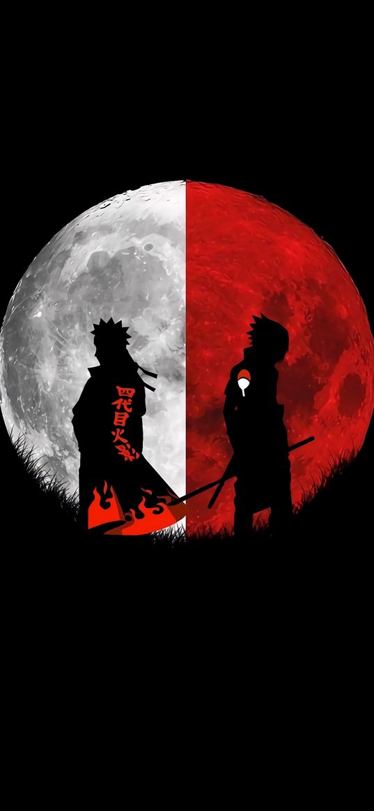 naruto uzumaki, sasuke uchiha, naruto, anime, warriors, silhouette, moon, red, white, black, art