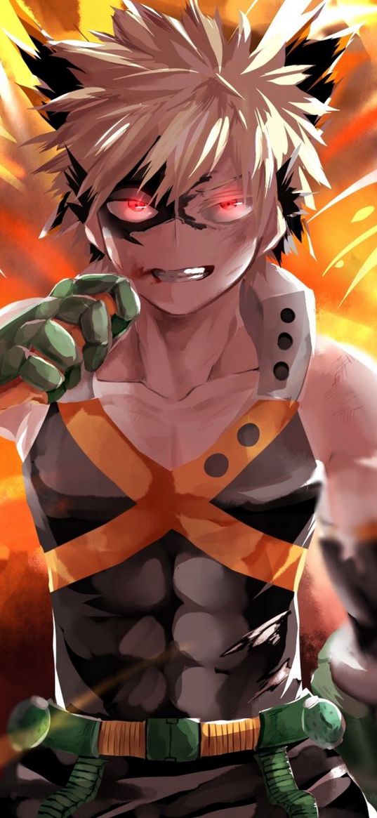 katsuki bakugo, boku no hero academia, blonde, guy, abs, fighter, red eyes, art