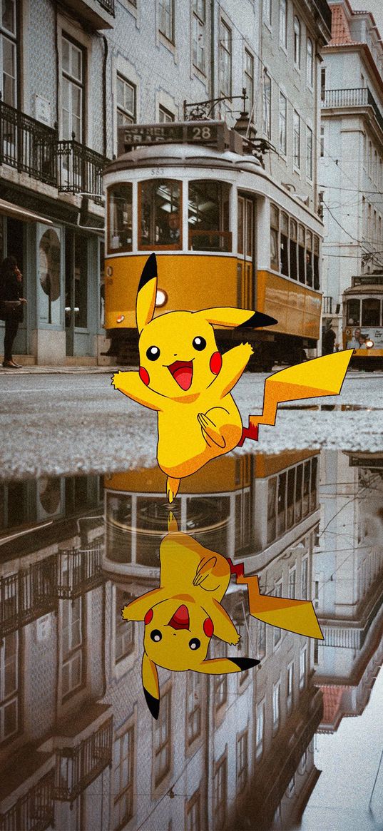 pikachu, pokemon, street, tram, city, puddle, reflection