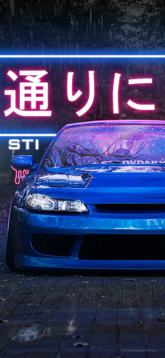 nissan silvia, nissan, car, blue, neon, hieroglyphs, rain