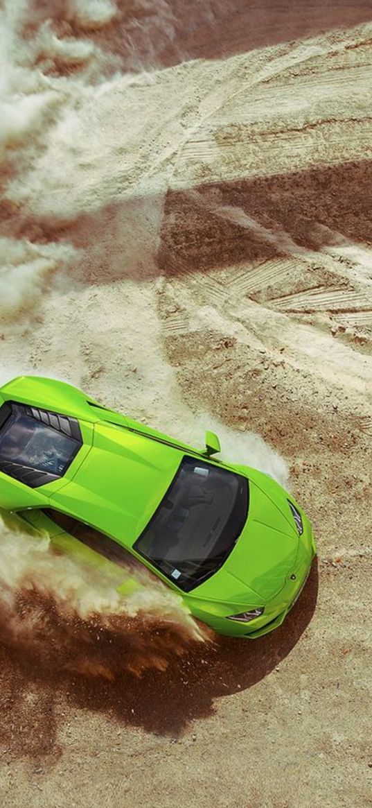 lamborghini huracan, lamborghini, sports car, car, green, desert, sand, drift, top view