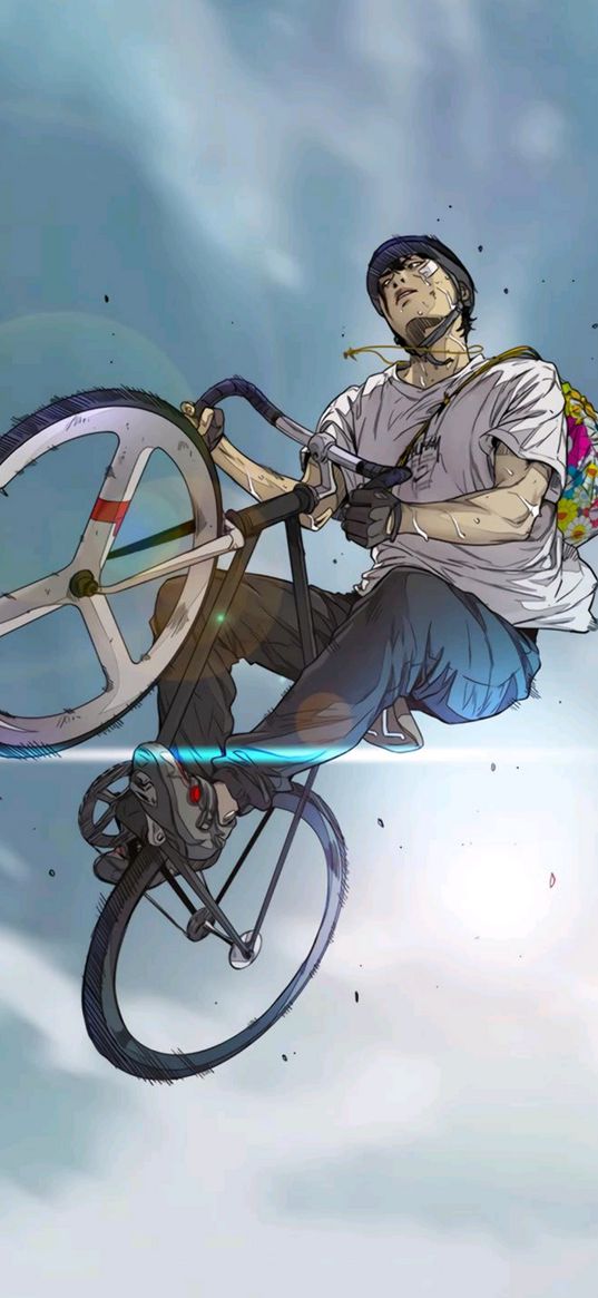 bicycle, windbreak, manga, guy, art