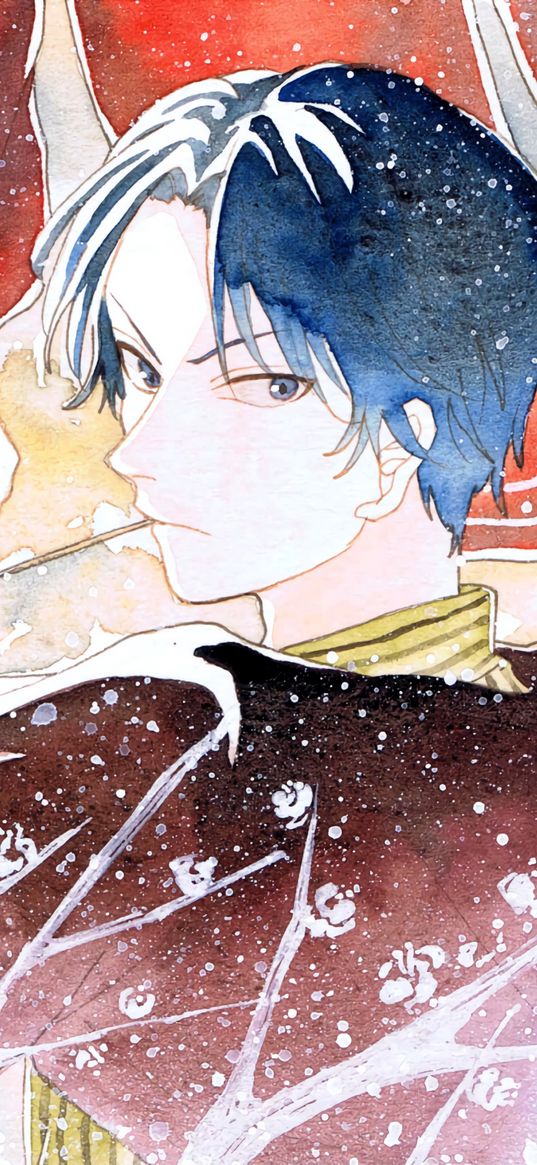 guy, glance, snow, anime, watercolor