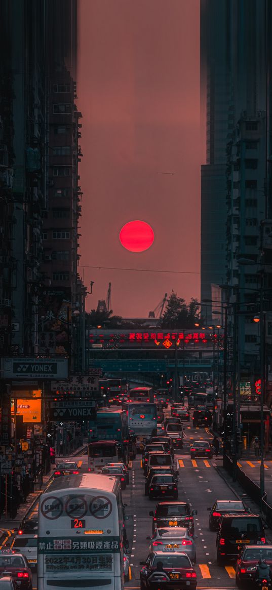 cars, city, red sun