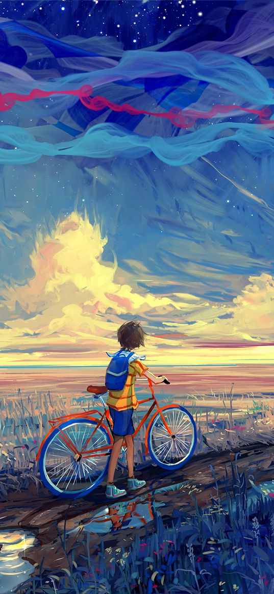 boy, bike, field, puddles, clouds, painting, drawing, art