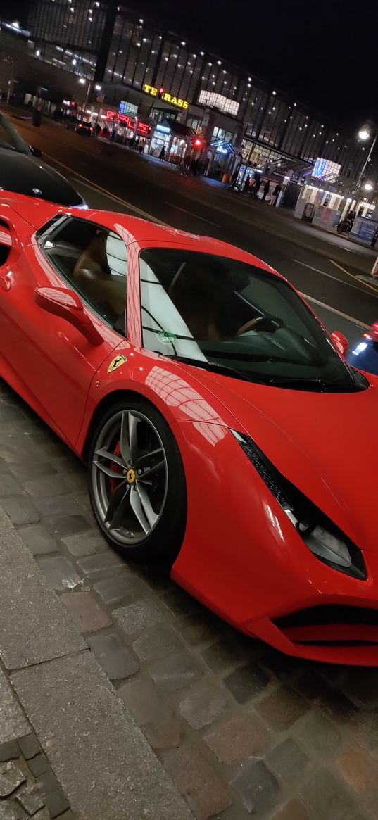 ferrari, auto, red car, city, street