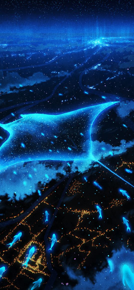 stingray, fish, sky, art, blue, stars, aerial view, city, night