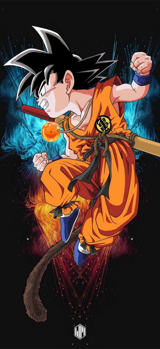 dragon ball, son goku, tail, anime, art, black background